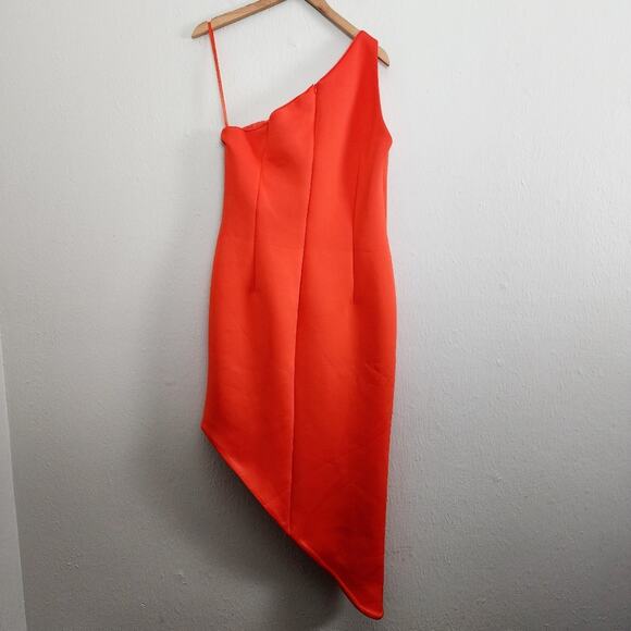 NEW Jovani Asymmetric One Shoulder Scuba Hi Low Sleeveless Dress Orange - Picture 8 of 11